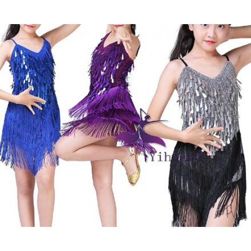 Children latin dresses sequined silver white gold red turquoise girls competition salsa chacha rumba fringes latin dance dresses